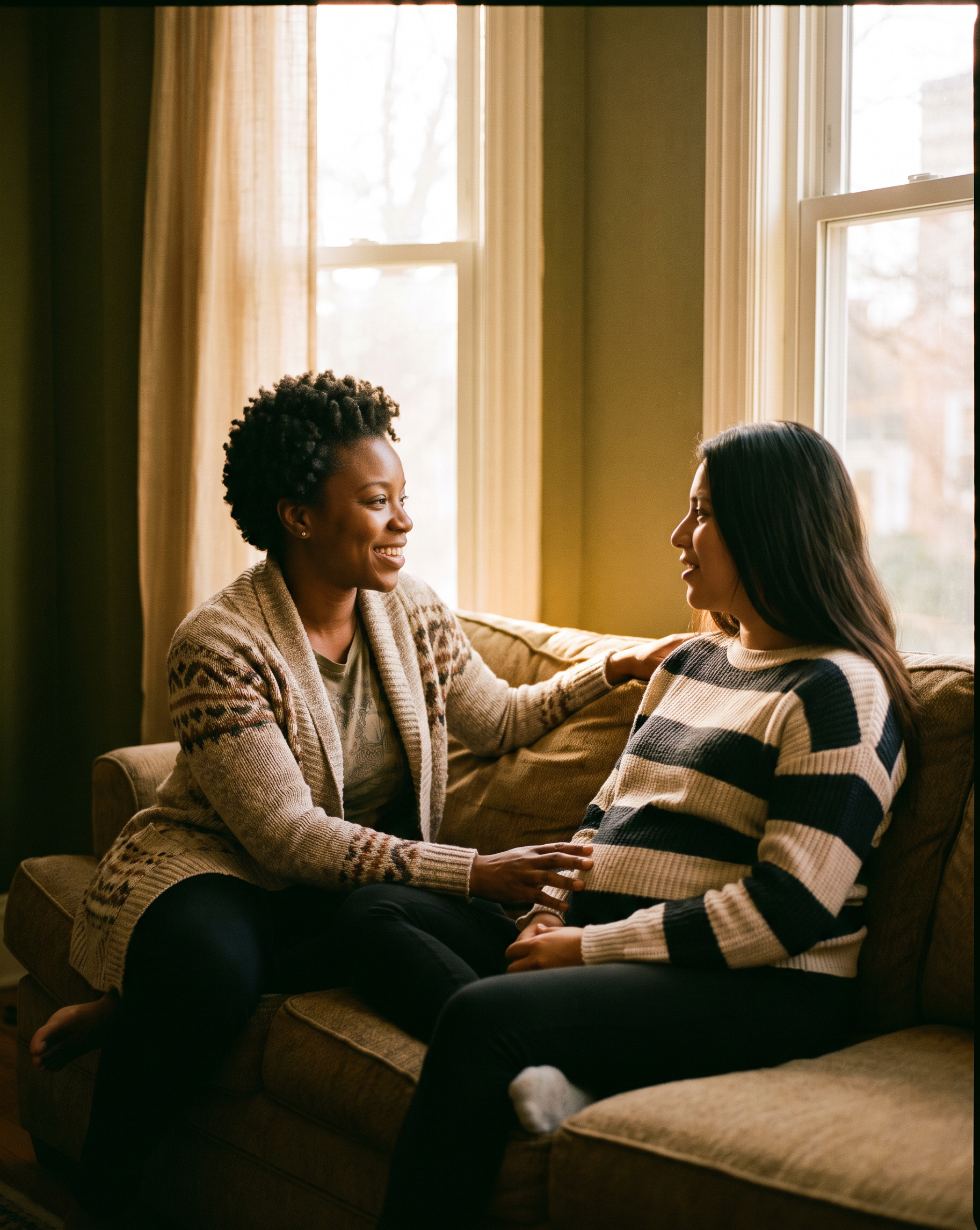 A doula sitting with her pregnant client on a sofa, mid-conversation in afternoon light