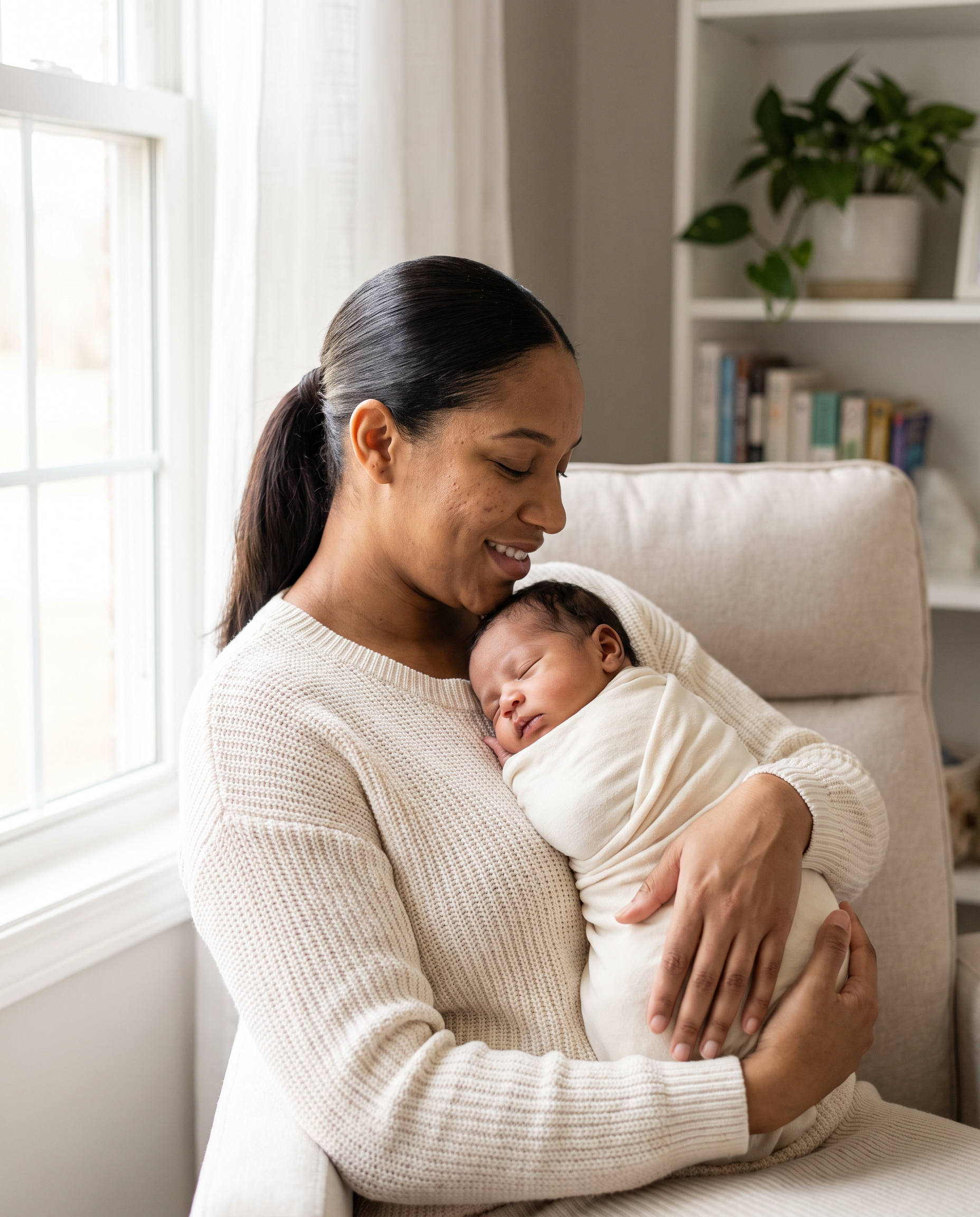A mother holding her sleeping newborn in a chair by the window in morning light