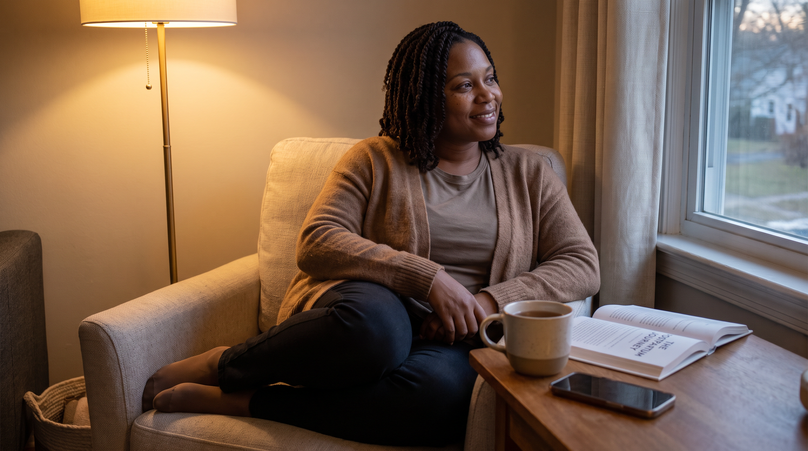 A doula relaxing at home in the evening with tea and a book, her phone face down beside her