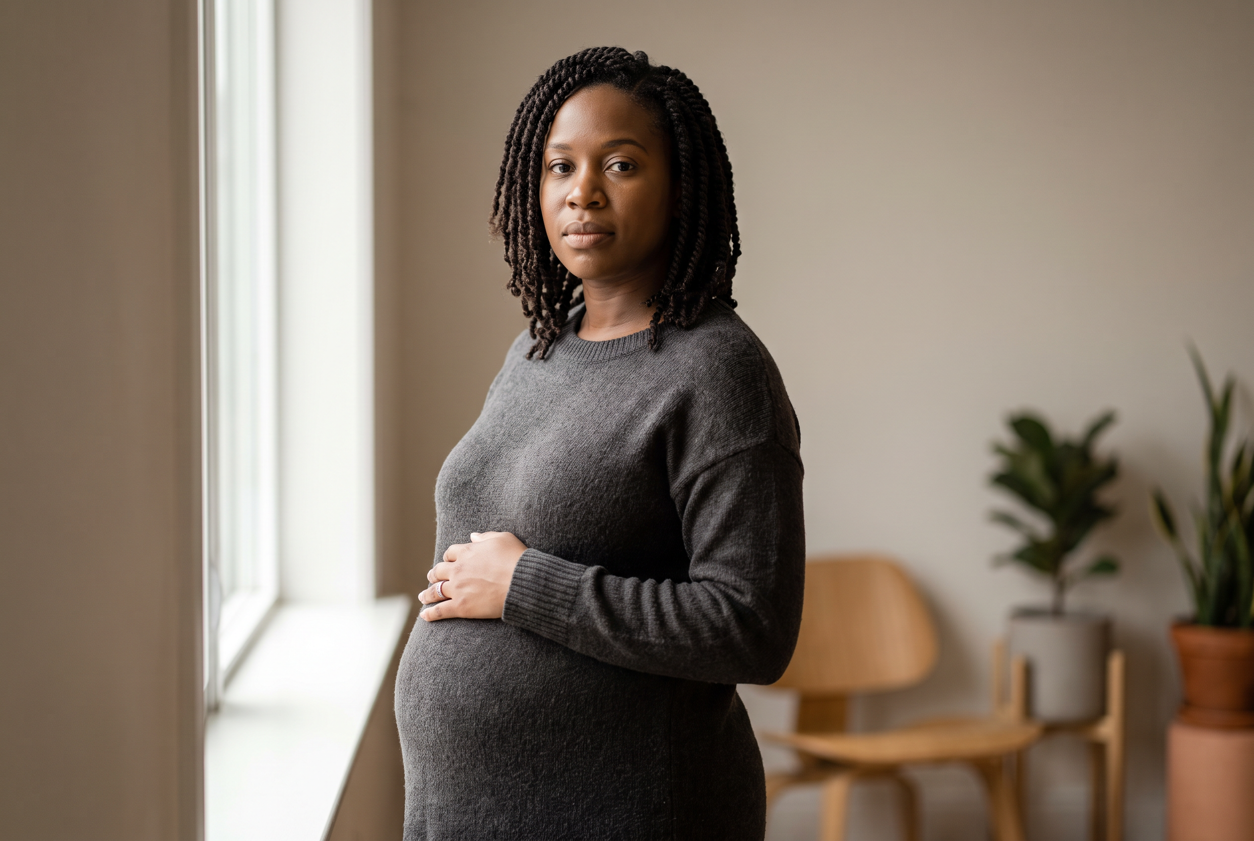 A pregnant woman standing in window light, looking steadily at the camera