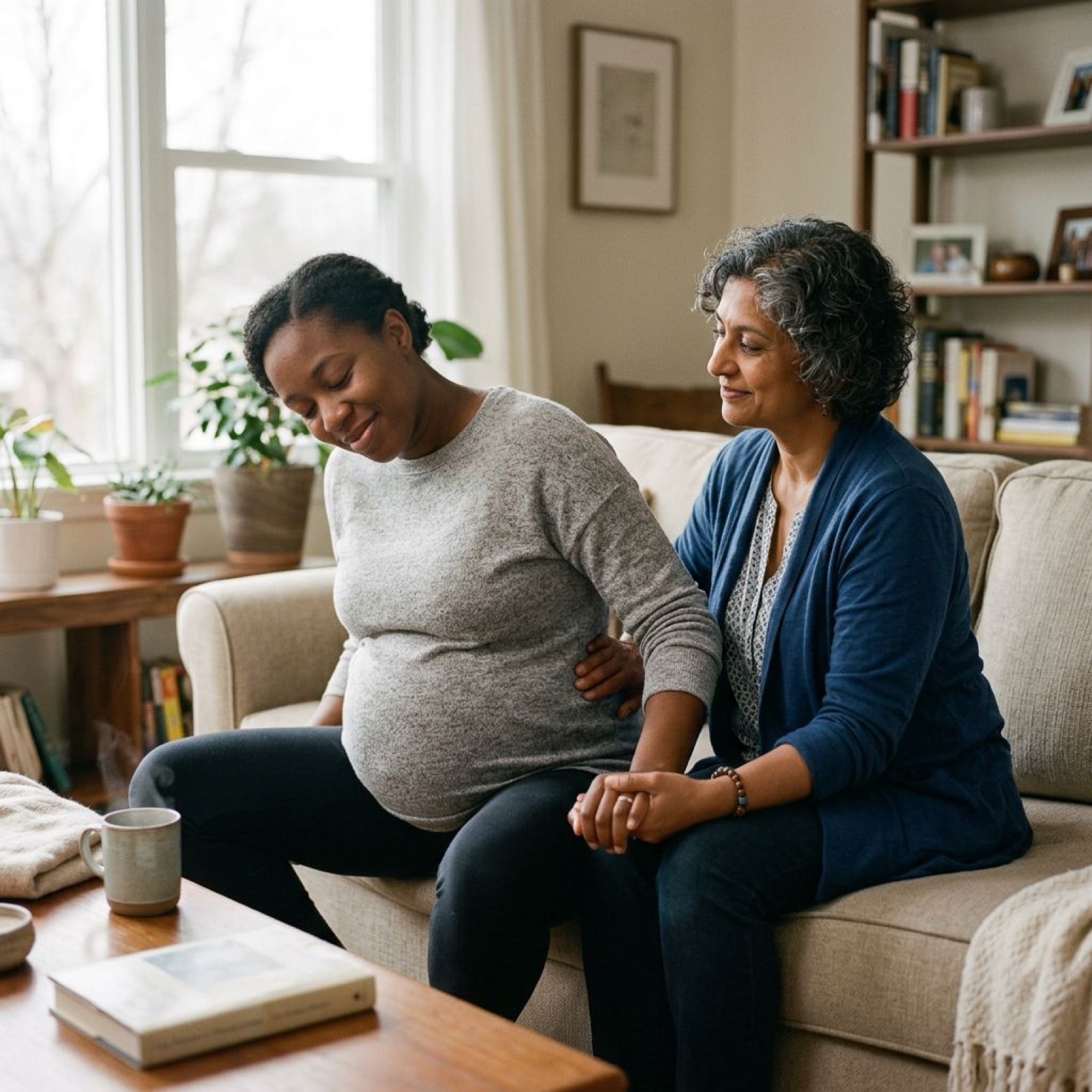 A doula sitting with an expectant mother