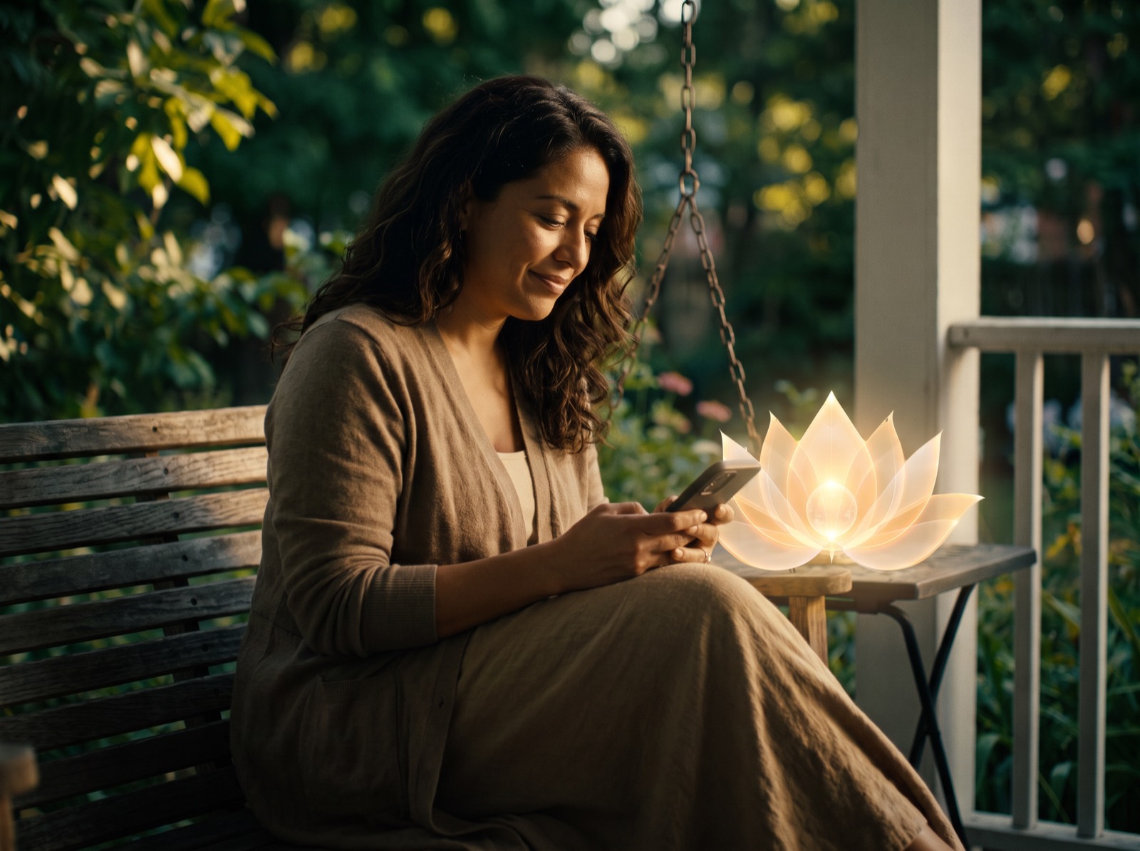 A woman on her porch swing with the MyLÚA app open