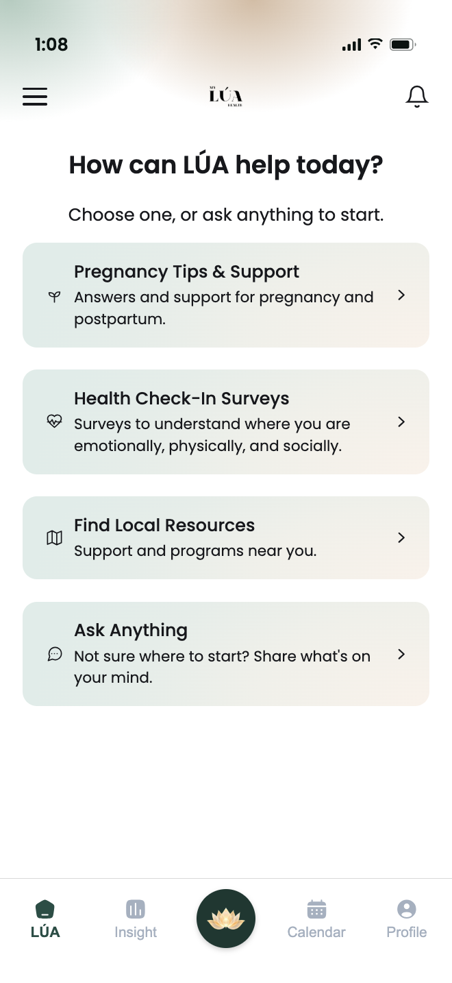 The MyLÚA app home screen, showing the four agents a mother sees