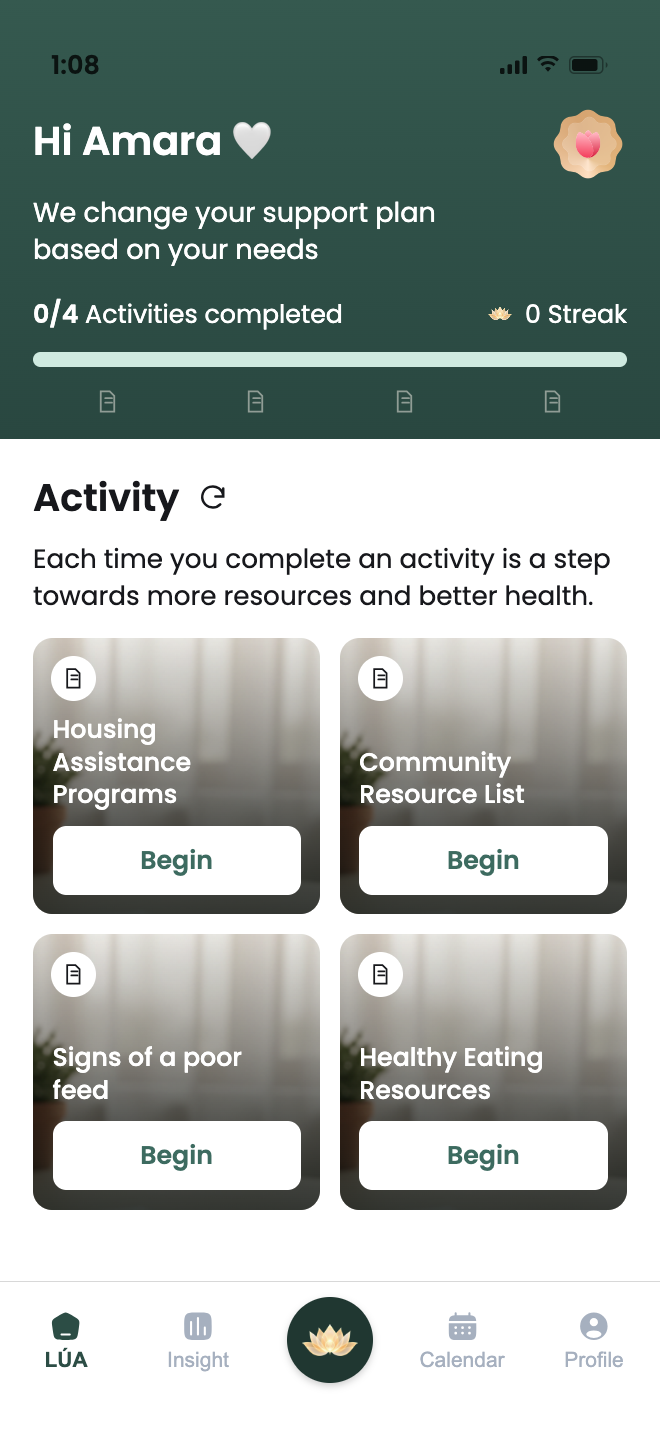 The MyLÚA app greeting Amara by name, with her support plan and this week's activities